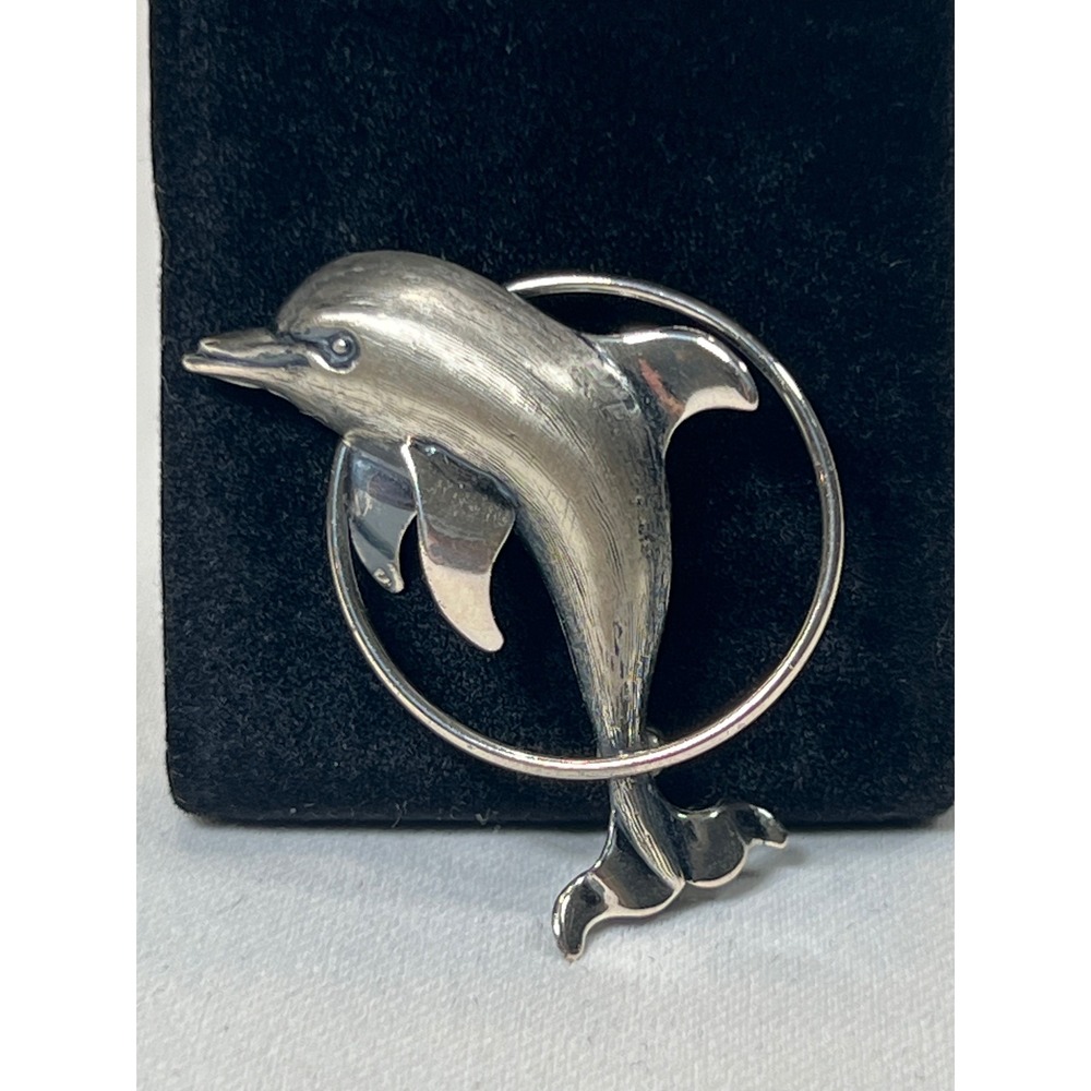Vintage Beau Sterling Silver Dolphin Hoop Brooch Pin Nautical Mid Century Modern